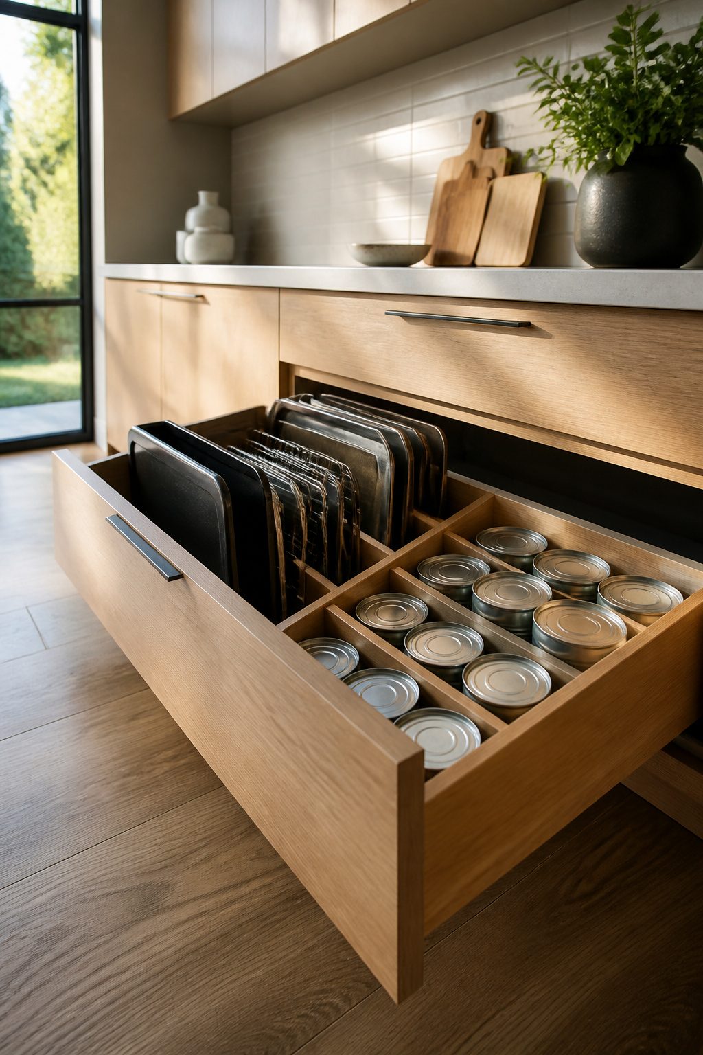 Vertical dividers in a drawer organizing baking sheets and canned goods.