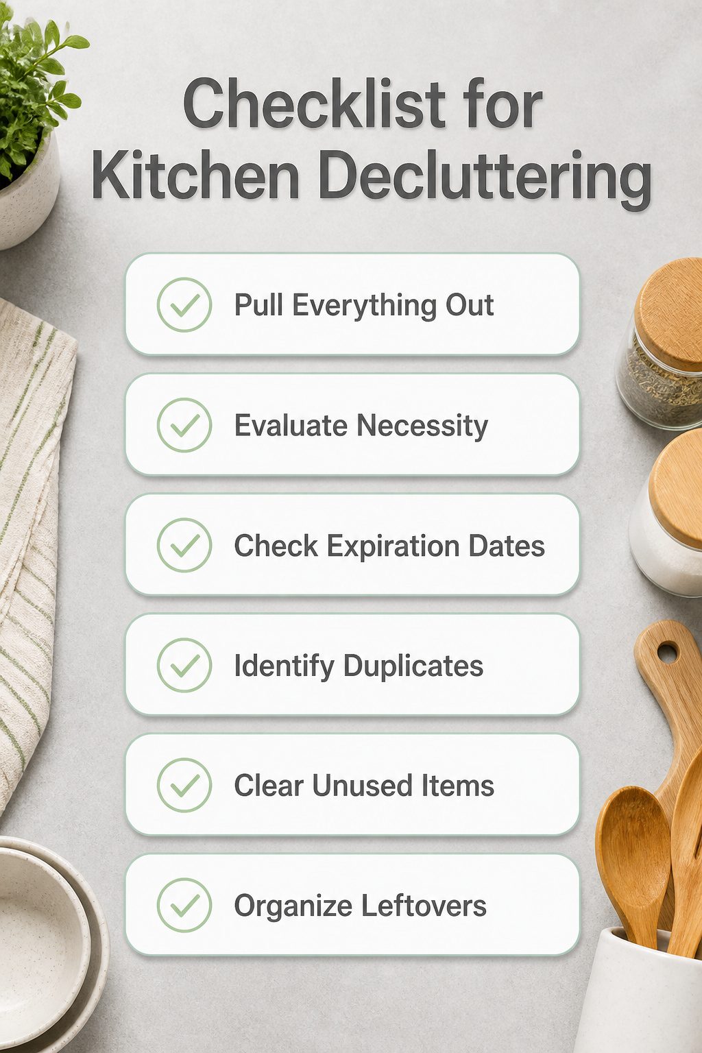 A checklist for kitchen decluttering with various utensils on a counter.