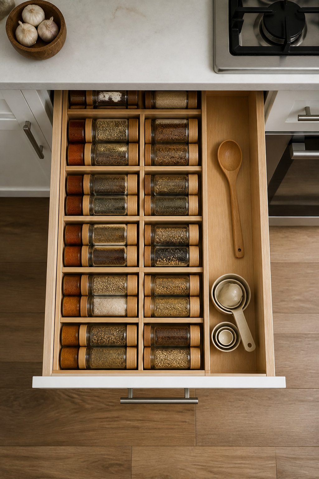 A kitchen drawer layout showing organized spices and utensils.