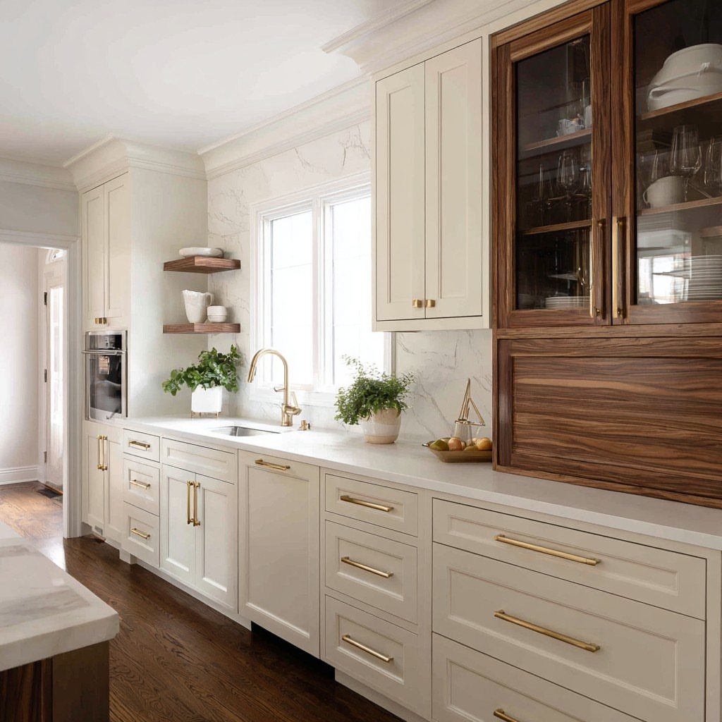 White kitchen cabinets and a large dark wood hutch with gold hardware.