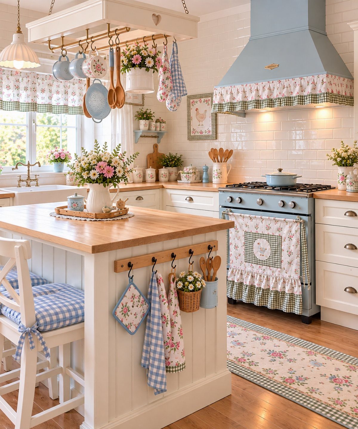 White Cabinets: 13 Kitchen Remodel Ideas 11 Rustic white kitchen with wooden countertops, blue stove, and floral country decor.