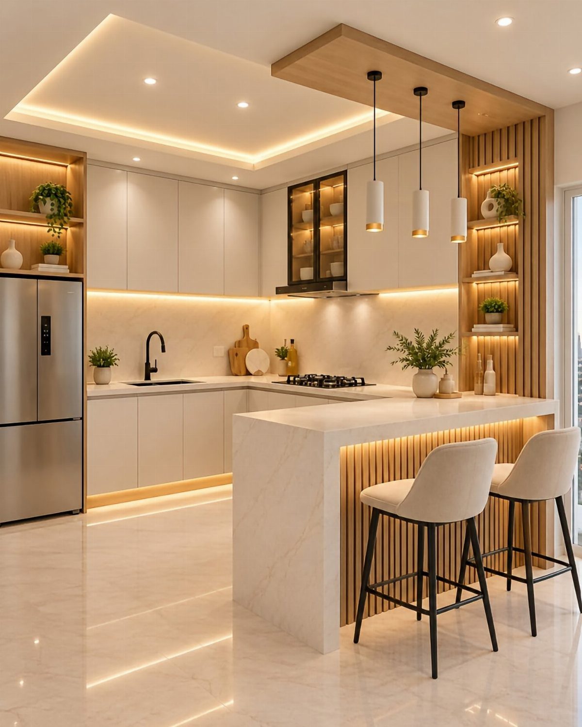 White Cabinets: 13 Kitchen Remodel Ideas 13 Modern kitchen with white cabinets and a subtle white stone island and countertop.