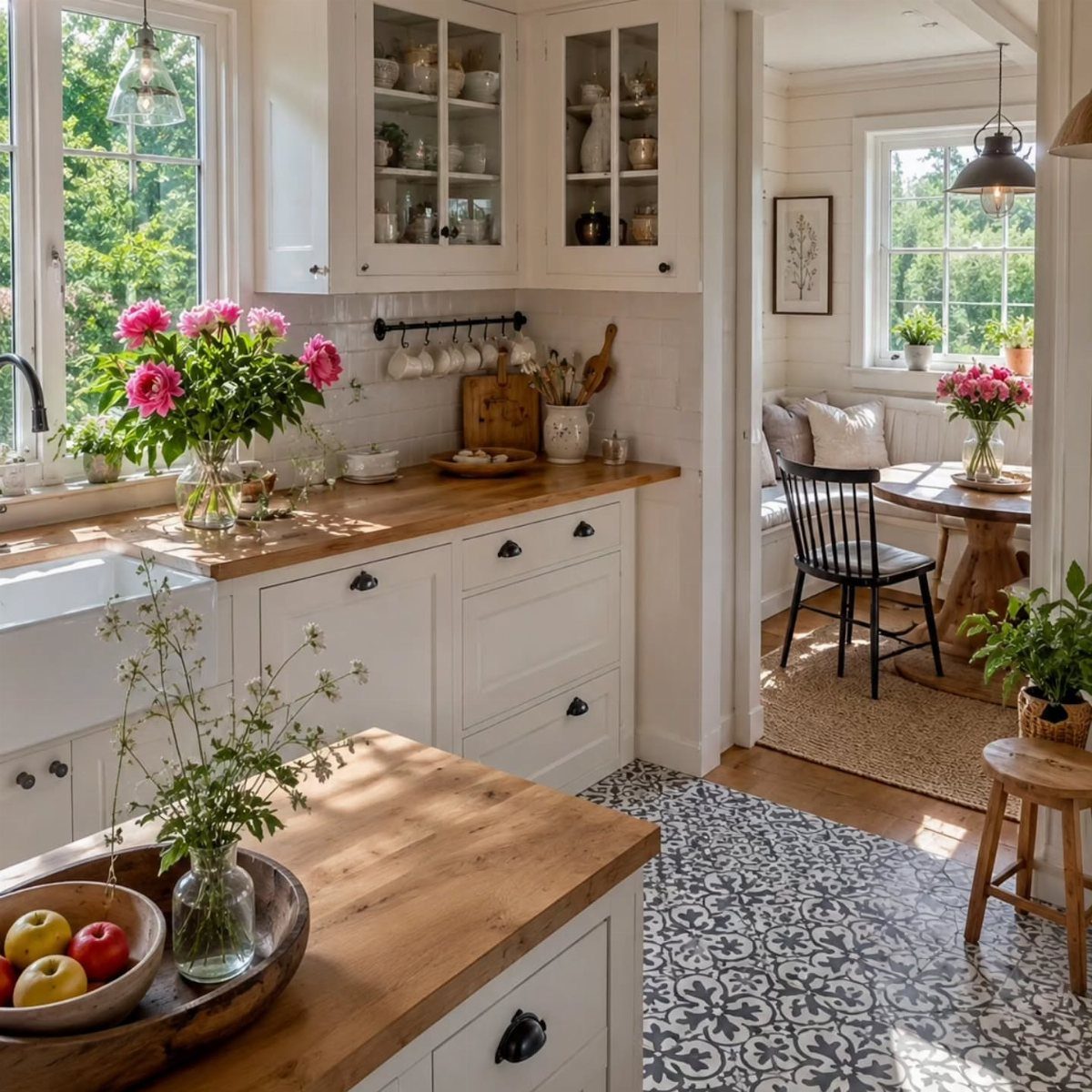 White Cabinets: 13 Kitchen Remodel Ideas 3 White shaker cabinets with natural wood countertops and a matching wooden kitchen island.