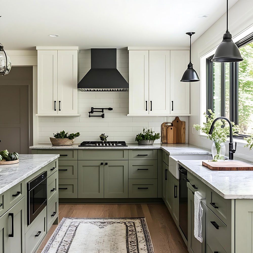 White Cabinets: 13 Kitchen Remodel Ideas 4 Kitchen with white upper cabinets and olive green lower cabinets with black hardware.