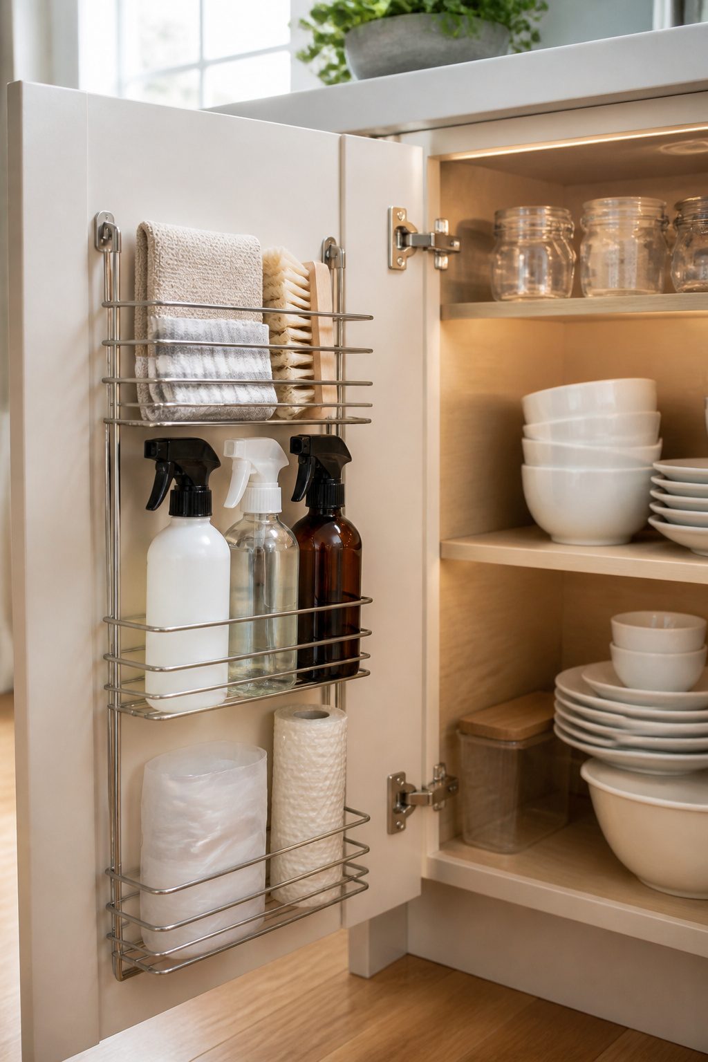 Inside of a cabinet door with an organizer for cleaning supplies.