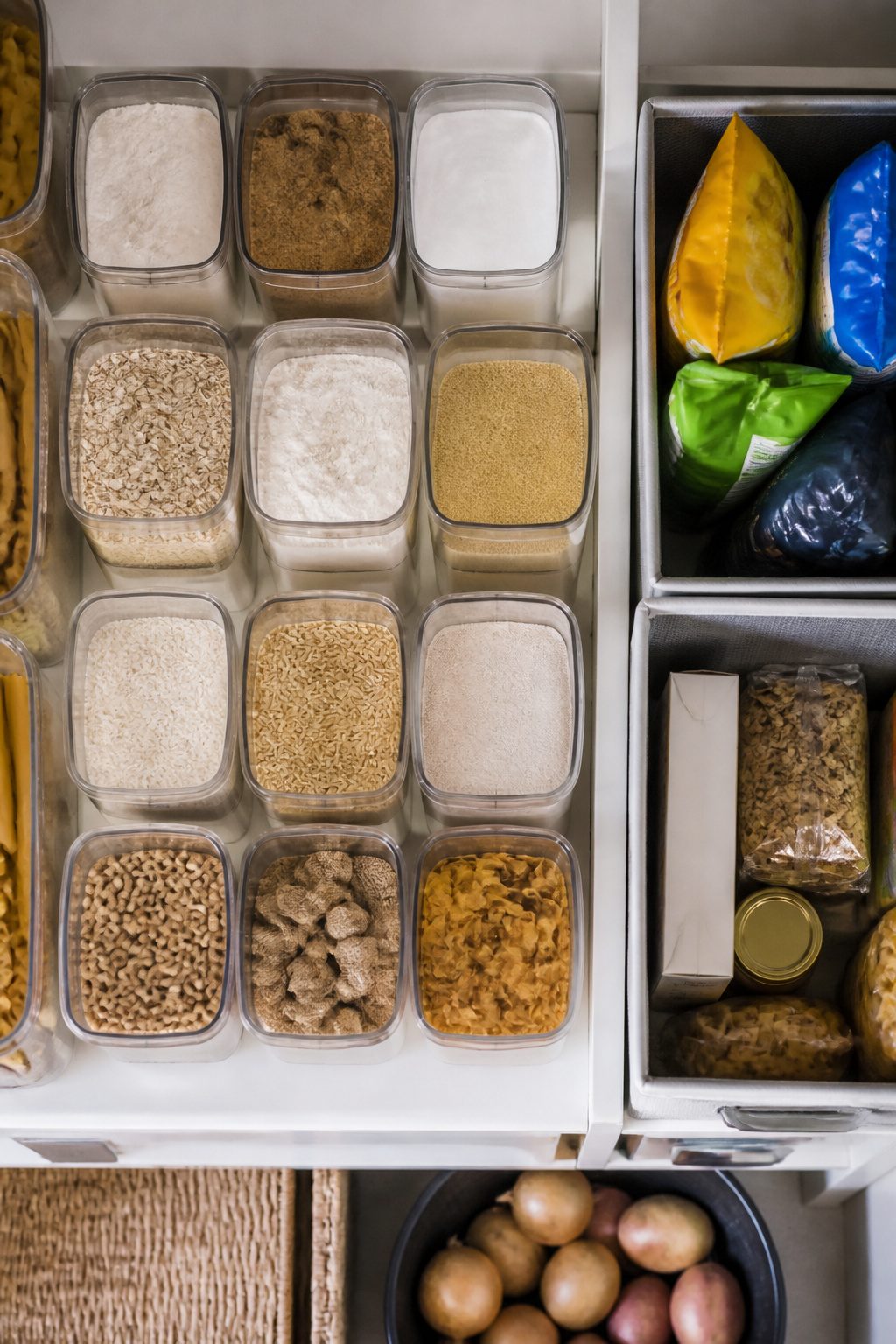 Pantry shelves filled with clear containers holding various dry goods.