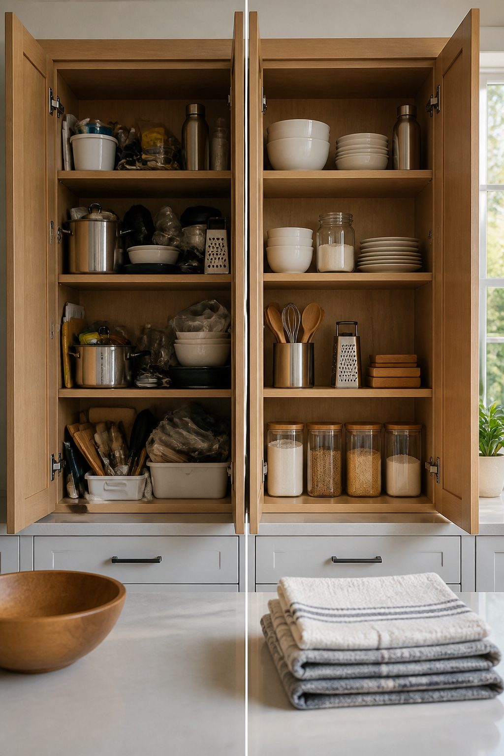 Kitchen items organized into bags for trash, donation, and sale.