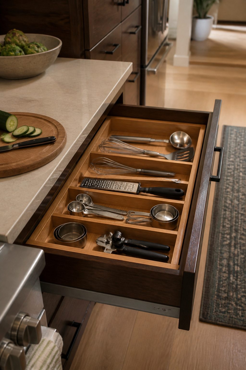 Organized kitchen drawer with bamboo dividers and arranged utensils.