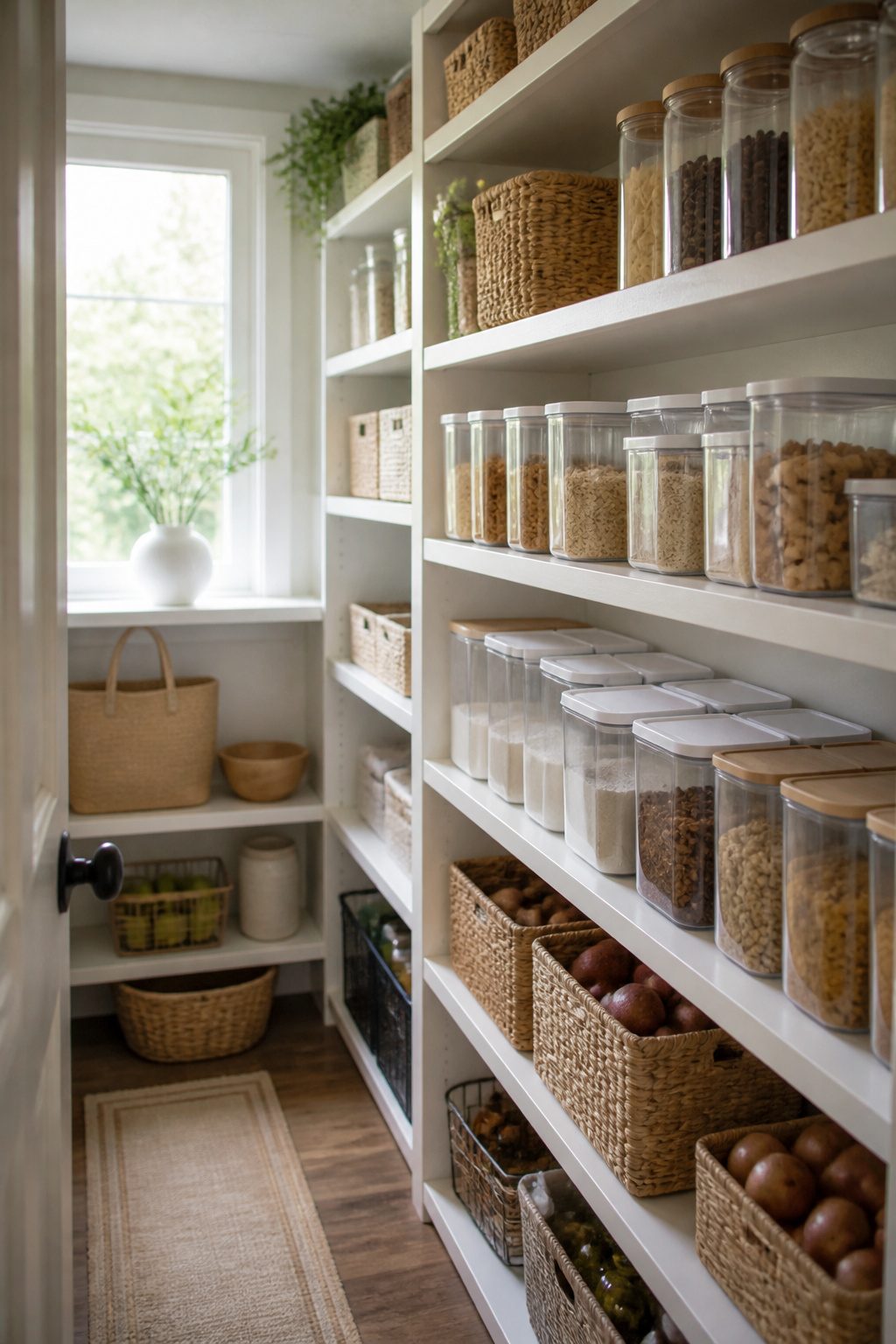 Organized pantry with labeled containers using painter's tape.