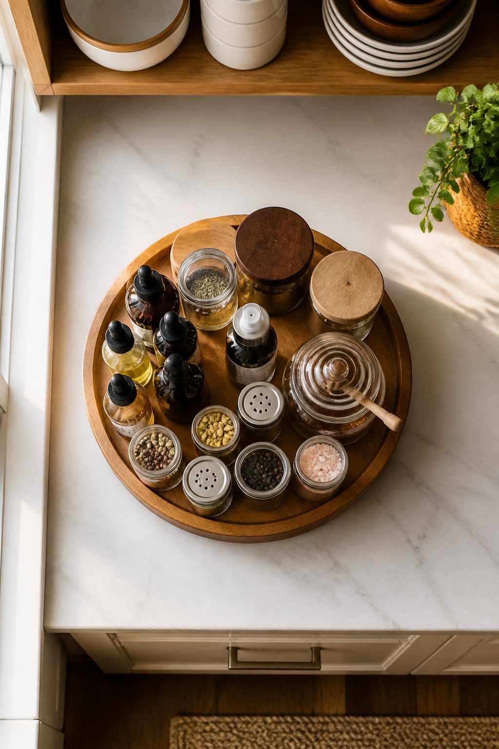 Countertop lazy Susan with spice jars and condiments arranged on it.