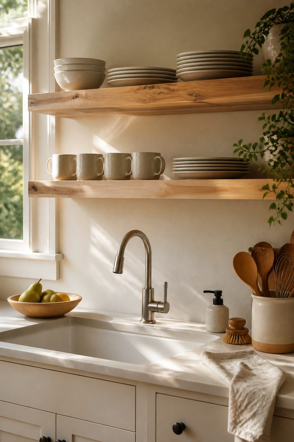 Two pine shelves holding white plates and mugs above a sink.