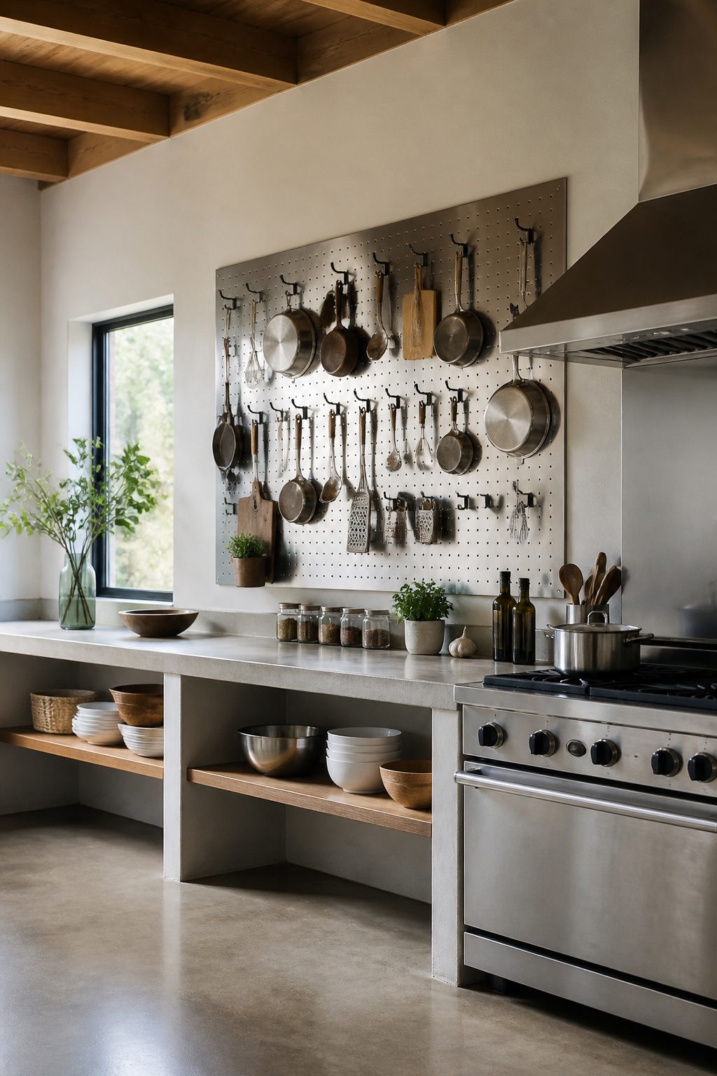 Wall-mounted pegboard with hooks displaying kitchen pots and utensils.