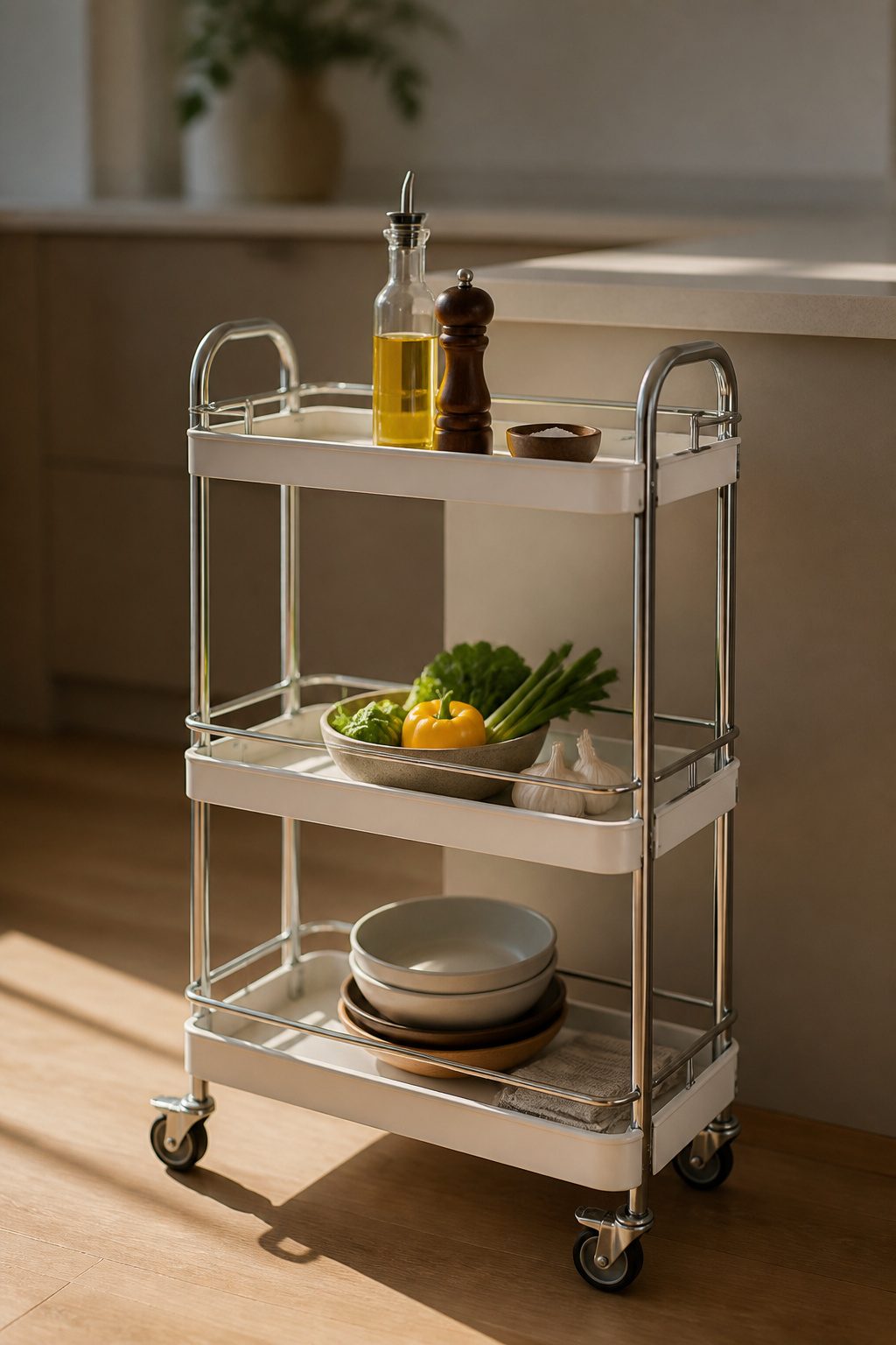 Rolling kitchen cart with a cutting board and storage baskets.
