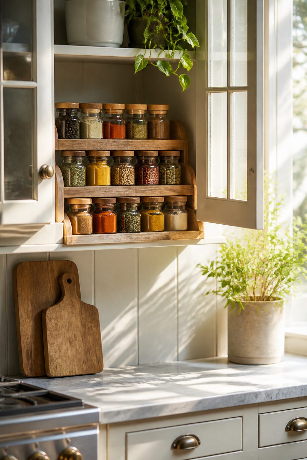 Cabinet with tiered shelves holding small jars of spices.