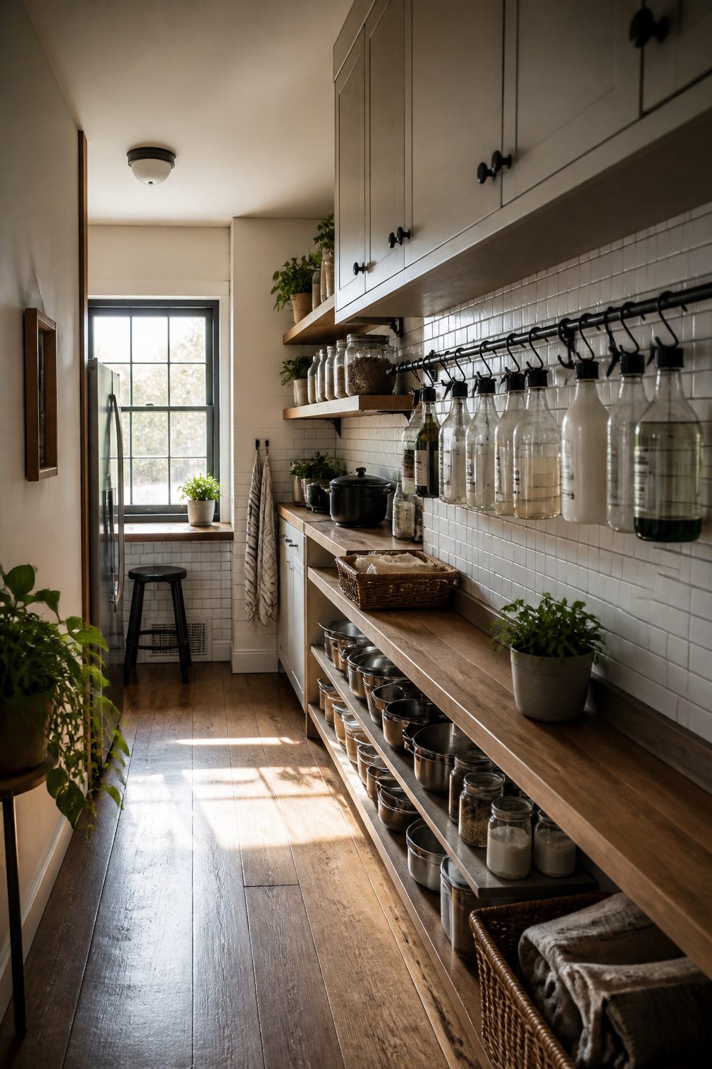 Tension rod with spray bottles hanging in a kitchen.