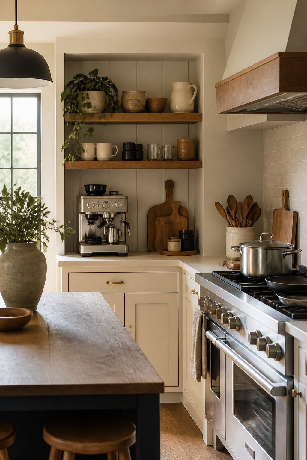 Well-organized kitchen with separate zones for coffee and cooking.