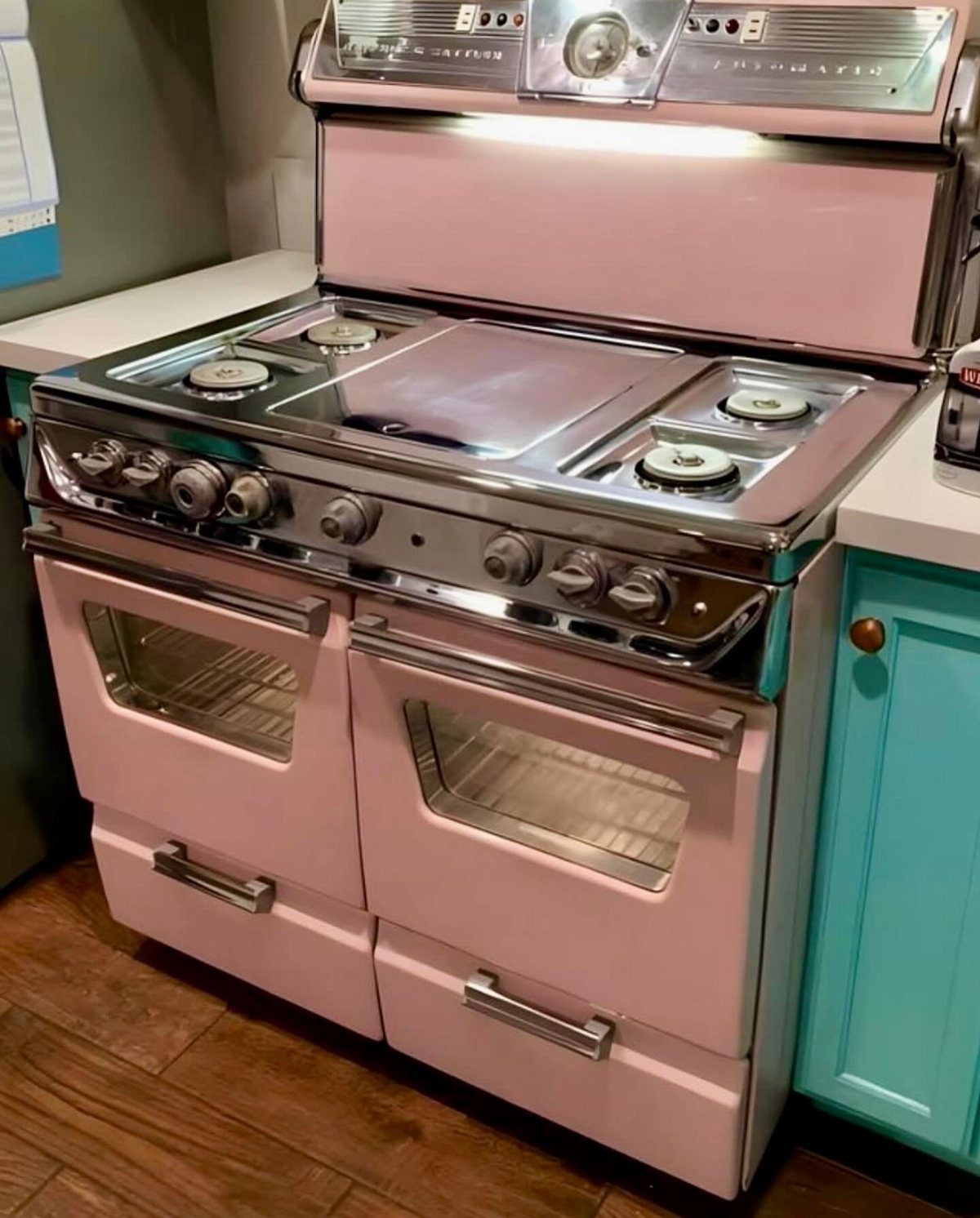17 Kitchen Stoves Ideas for Every Style and Cooking Need 15 Vintage pink kitchen stove with chrome details and double ovens in a colorful kitchen.