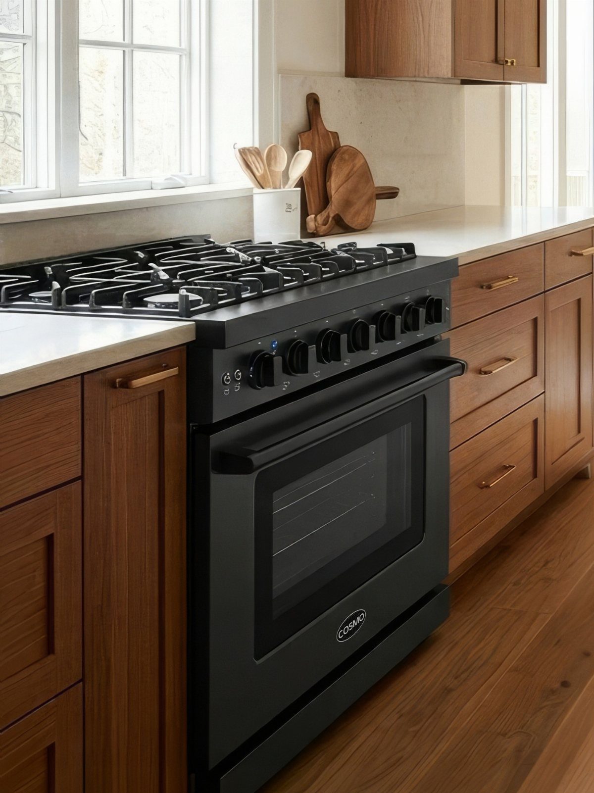 17 Kitchen Stoves Ideas for Every Style and Cooking Need 8 Black gas range stove installed between warm wood cabinets and light countertops.