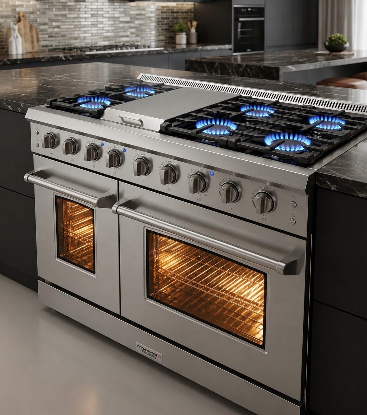 17 Kitchen Stoves Ideas for Every Style and Cooking Need 3 Stainless steel double oven gas range with blue flames in a modern kitchen.