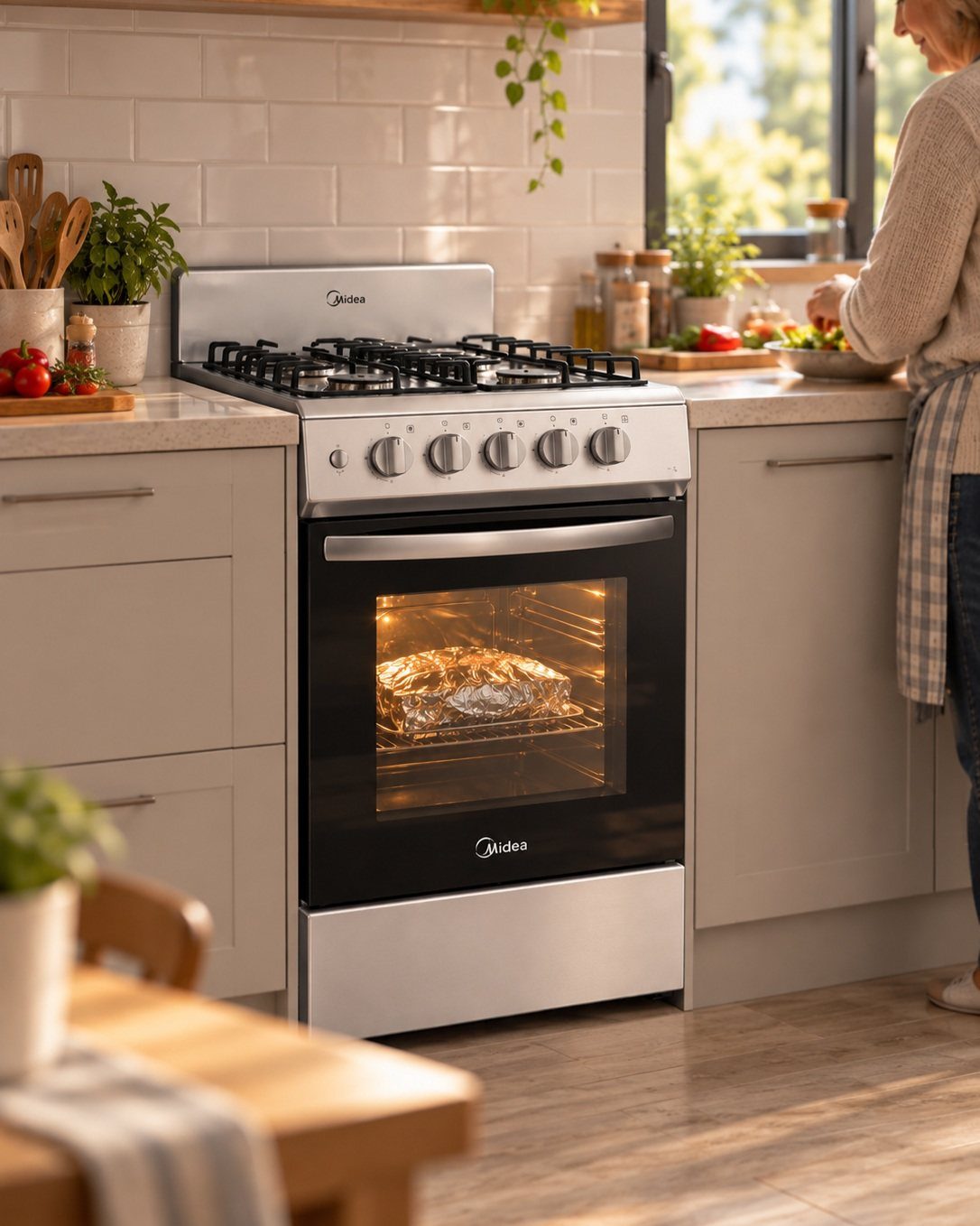 17 Kitchen Stoves Ideas for Every Style and Cooking Need 2 Stainless steel freestanding gas range with a turkey roasting in the oven.