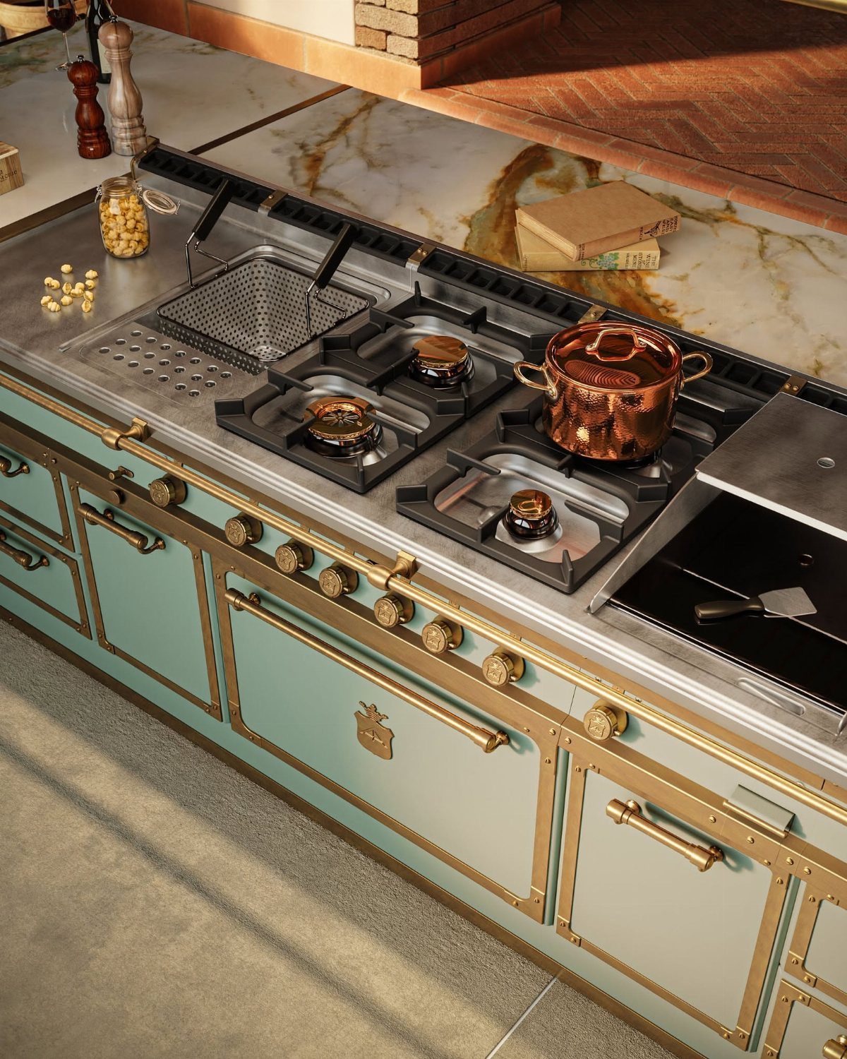 17 Kitchen Stoves Ideas for Every Style and Cooking Need 7 Ornate light blue gas range with gold trim and copper pots on marble countertop