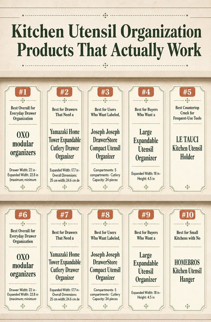 Comparison infographic listing kitchen utensil organizers with product names and specifications