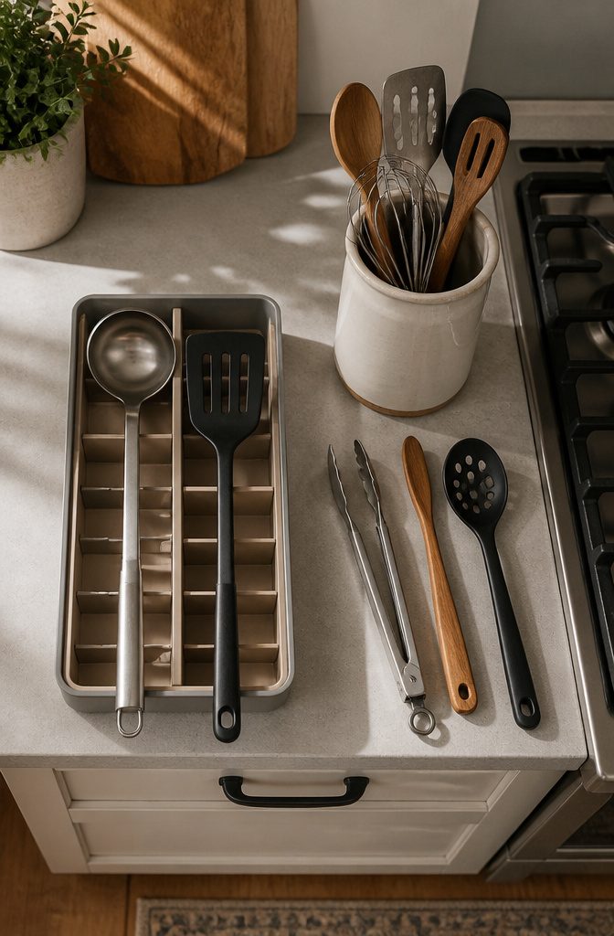 Kitchen drawer measured across its interior beside an organizer tray and measuring tape