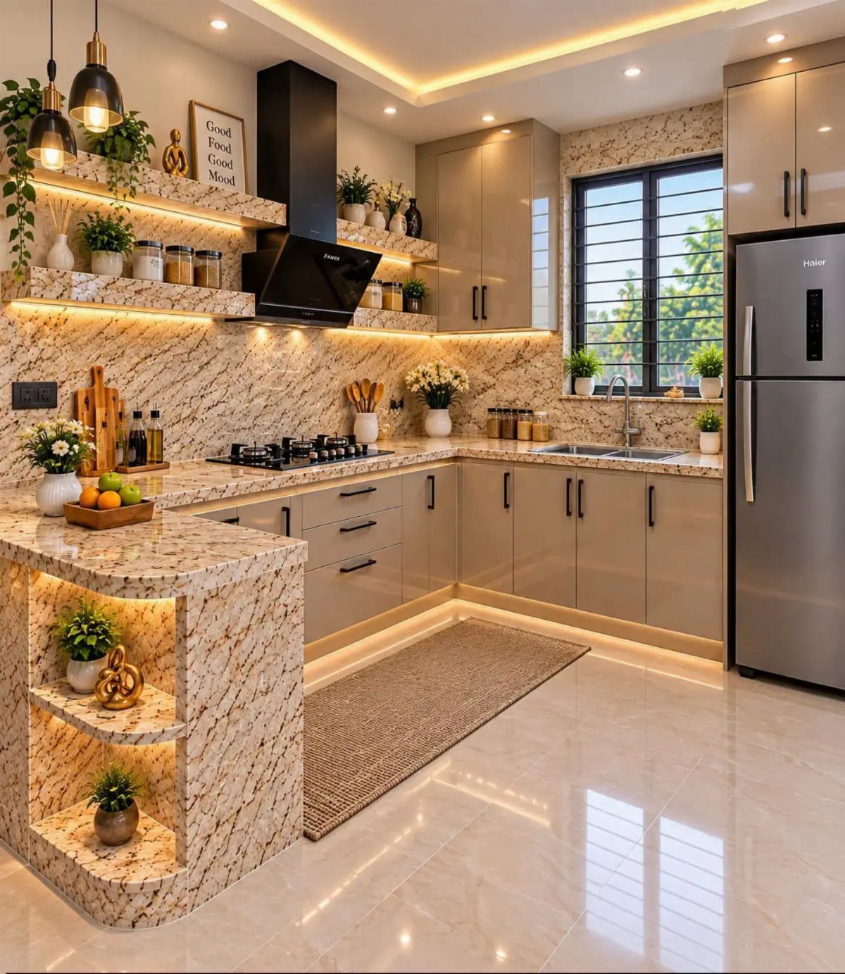 Modern kitchen with marble countertops and a black-framed window above the sink.