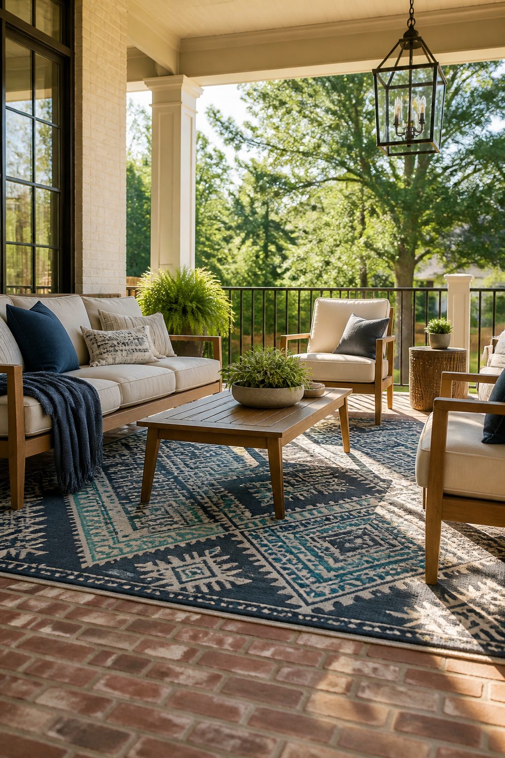 A colorful outdoor area rug on a back porch with seating.