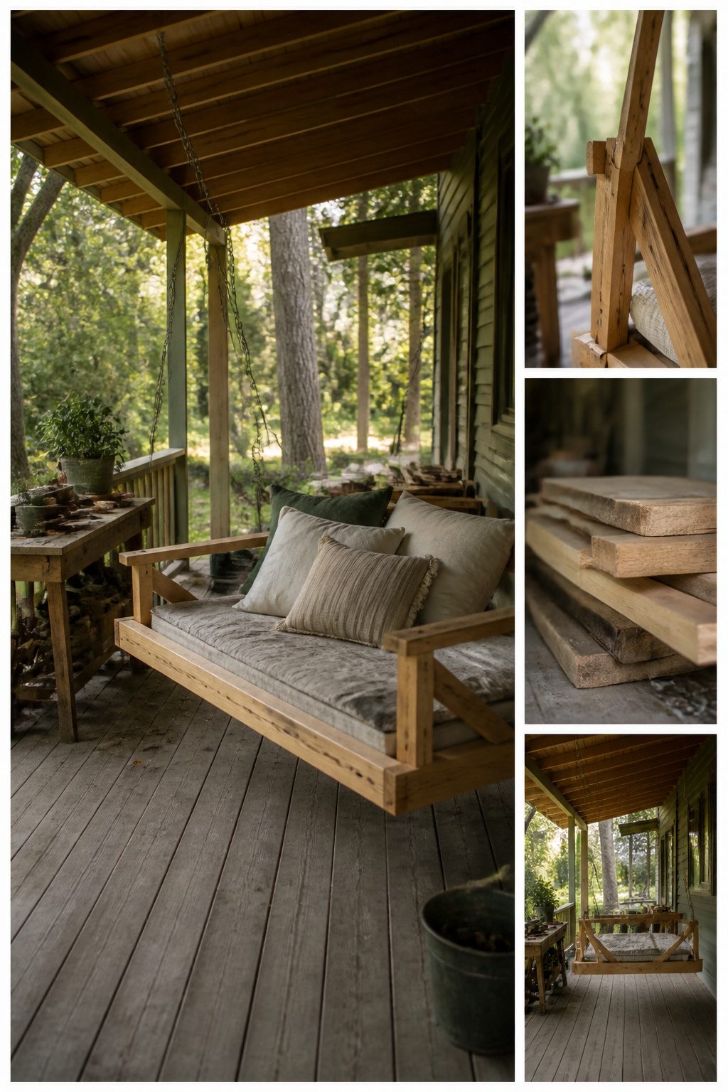 A bed swing design plan displayed with lumber and a mattress.