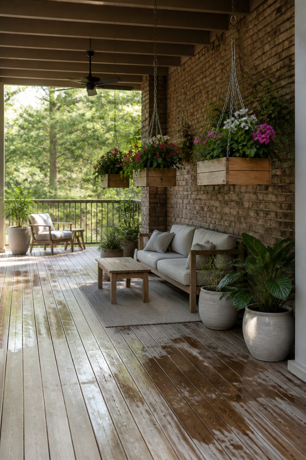 Hanging planters with plants on a shaded back porch.