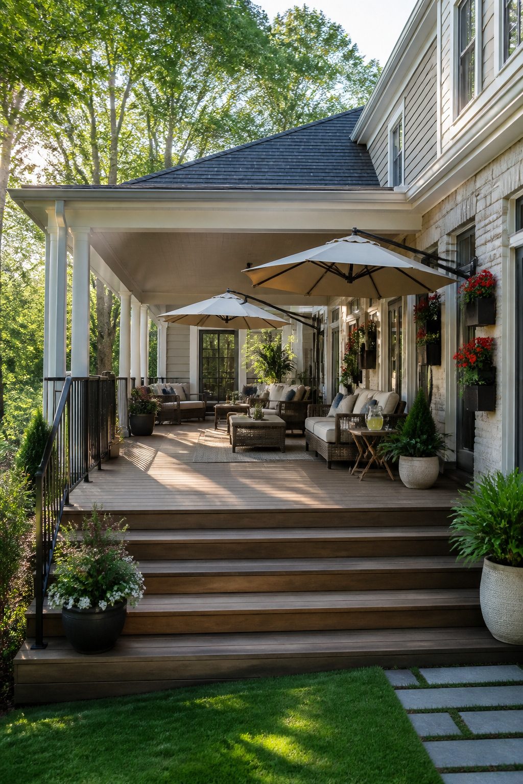 Two patio umbrellas casting shade over a porch seating area.