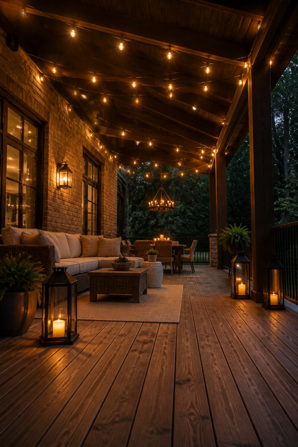 String lights illuminating a back porch during the evening.