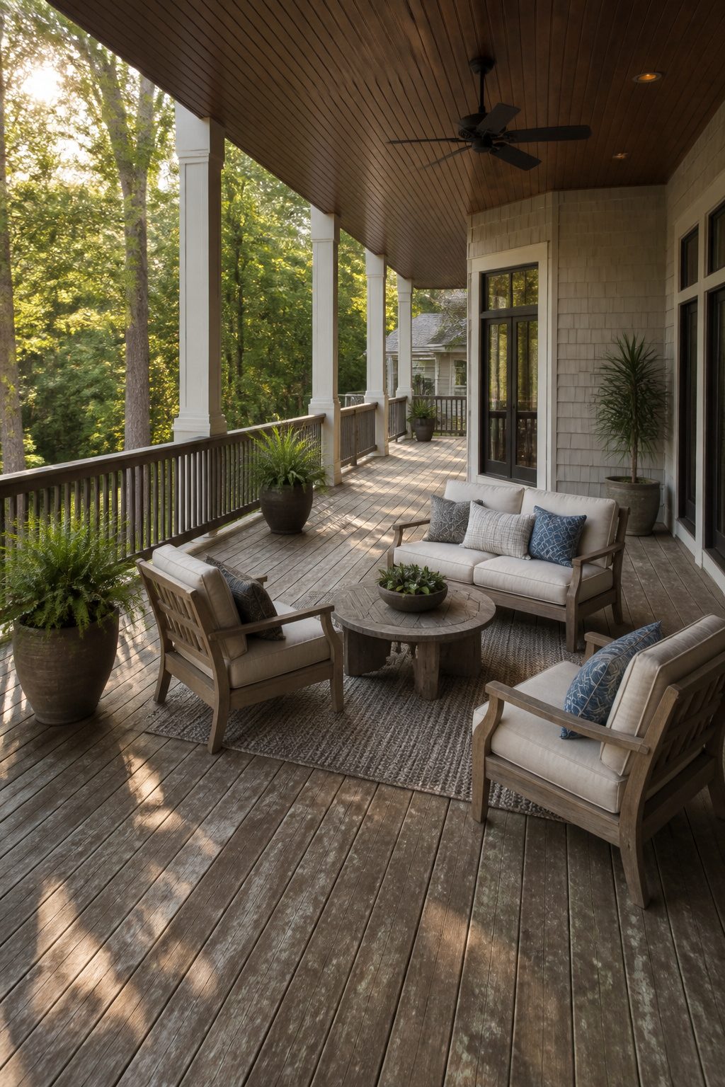 Two chairs and a coffee table create a conversation area on the porch.