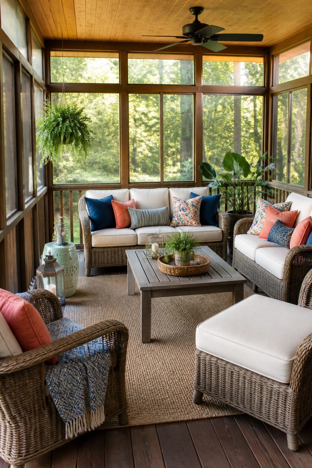 Textiles on wicker furniture in a cozy back porch.