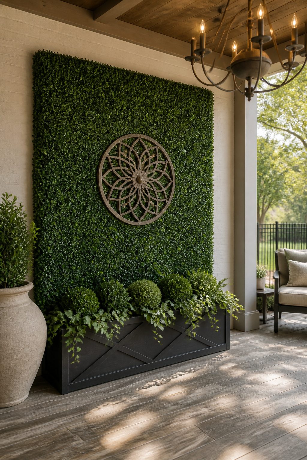 Faux boxwood panels on a wall of a back porch.