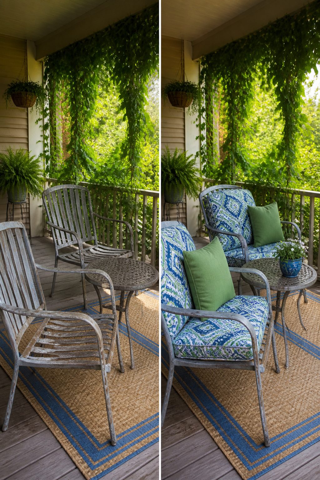 Patterned pillows on metal chairs brighten up the porch seating.