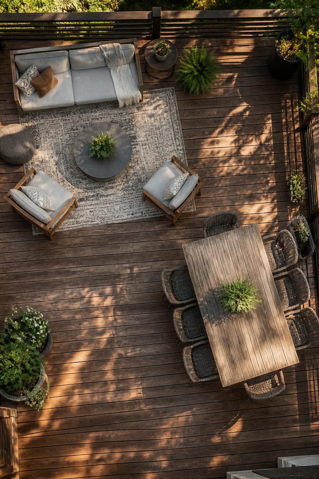 A layout showing different zones on a large back porch.