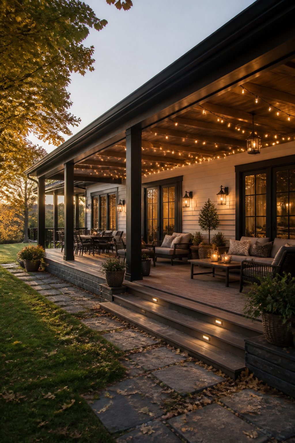 String lights illuminating a large back porch.