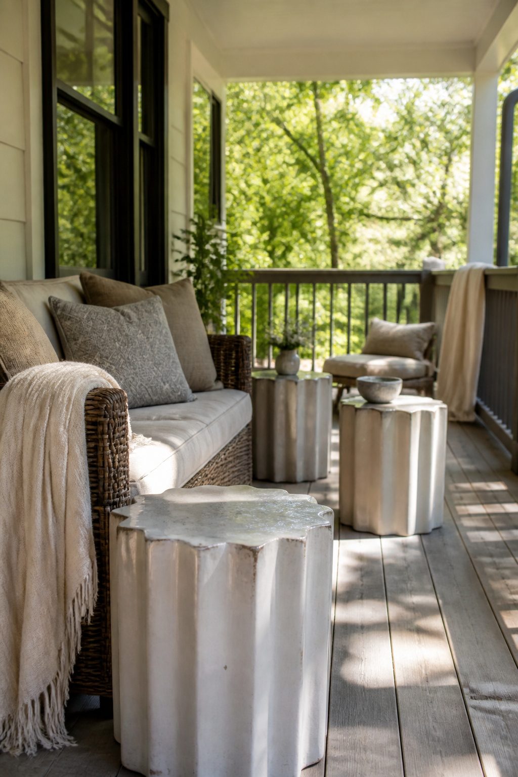 Ceramic garden stools used as seating and tables on a back porch.