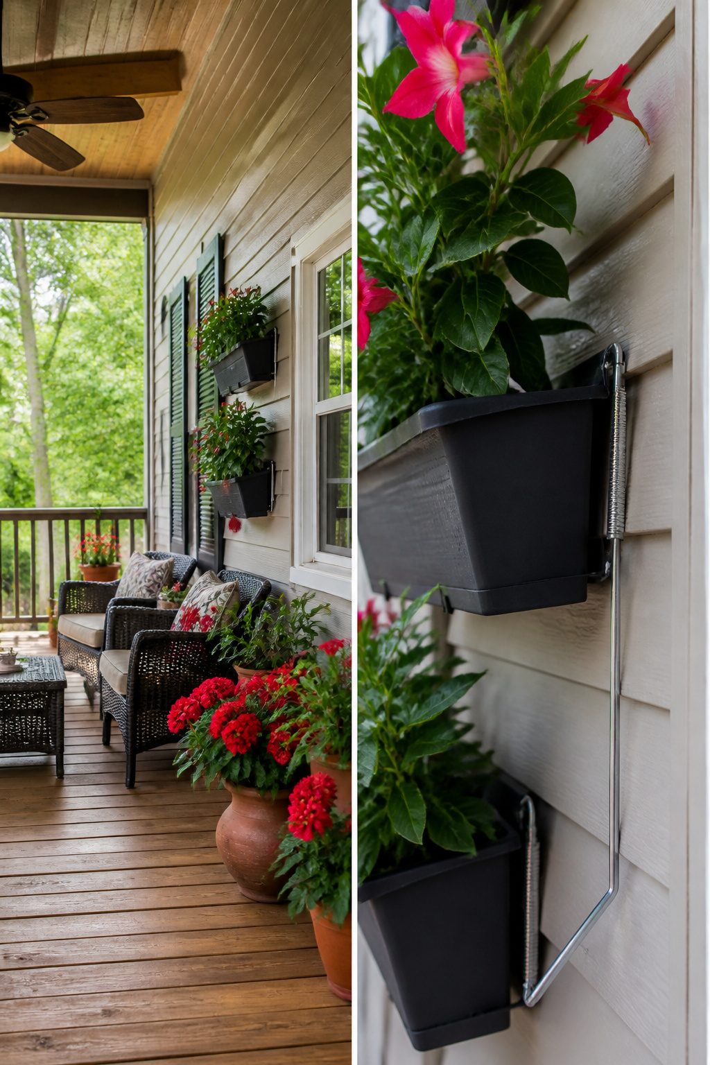 Hanging plant arrangements on a covered porch.