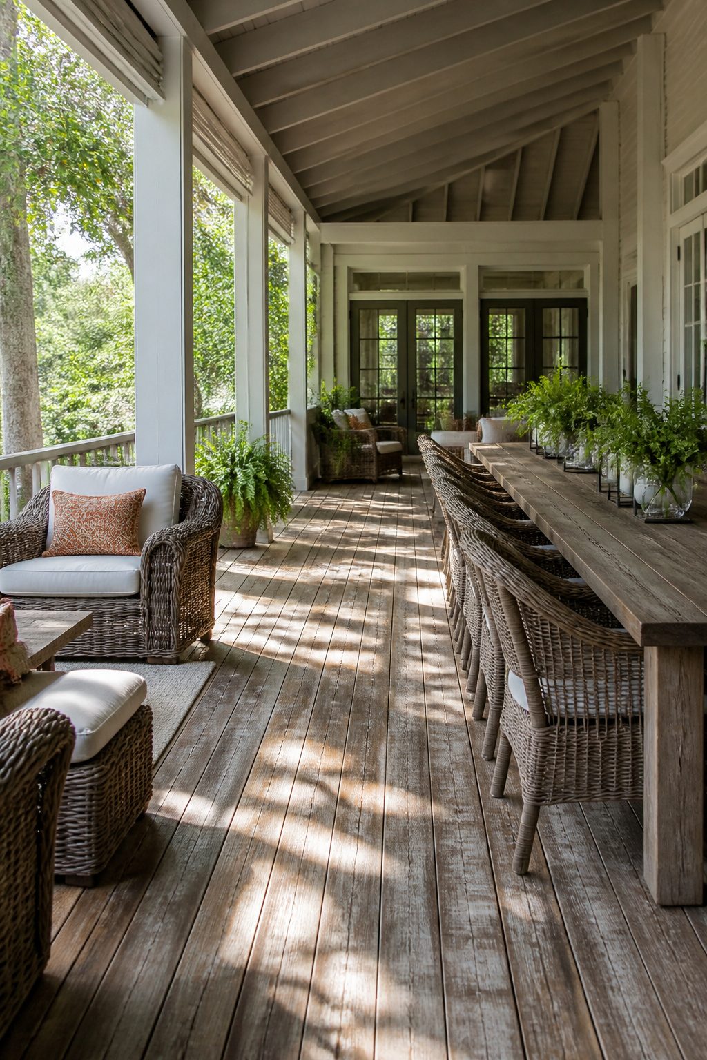Outdoor furniture arranged on a spacious back porch.