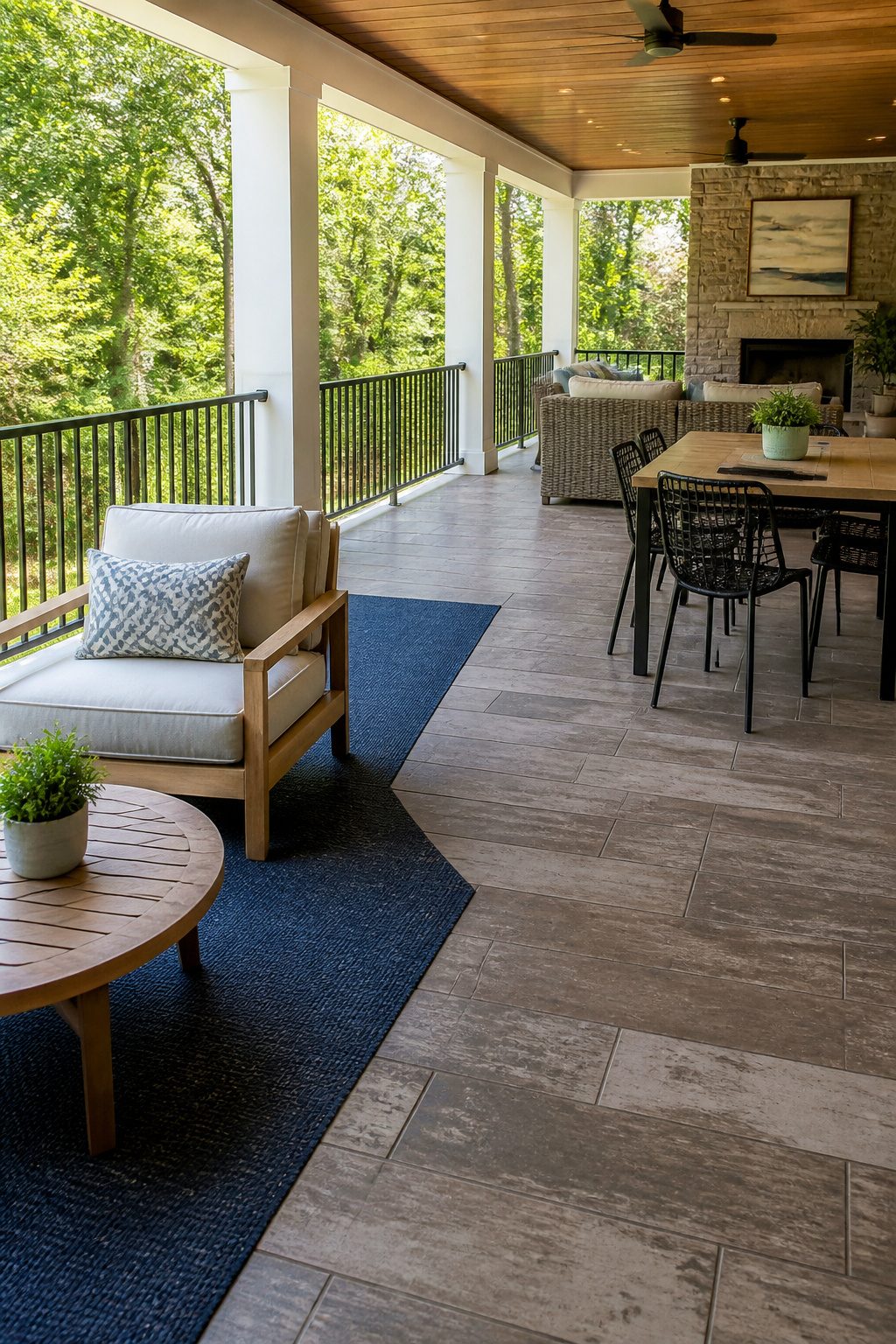 Updated flooring with concrete planks and outdoor carpet tiles on a porch.