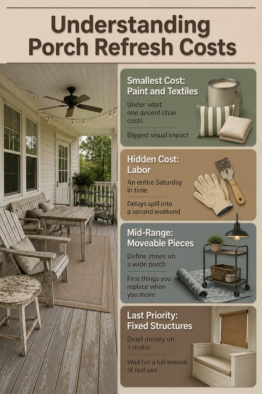 A visual guide showing porch refresh costs and budget breakdown.