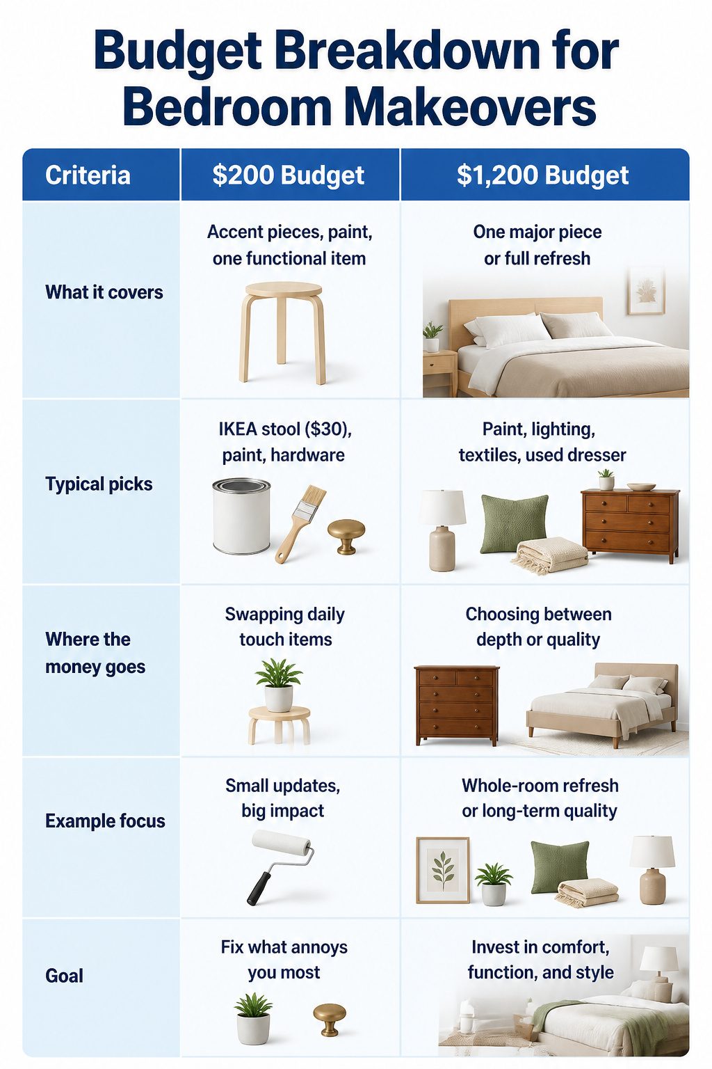 A chart showing budget breakdowns for bedroom makeovers.