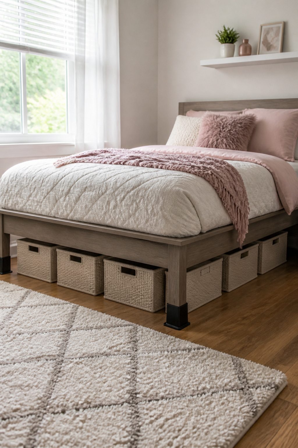 A bed elevated by risers with organized bins visible beneath.