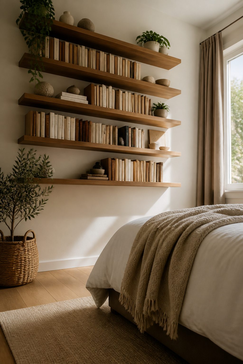 A tall bookcase and wall-mounted shelves displaying books and decor.