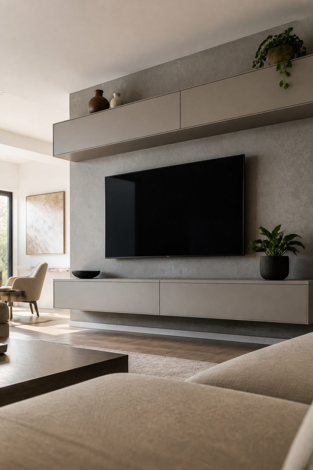 Living room with a wall-mounted console beneath a TV.