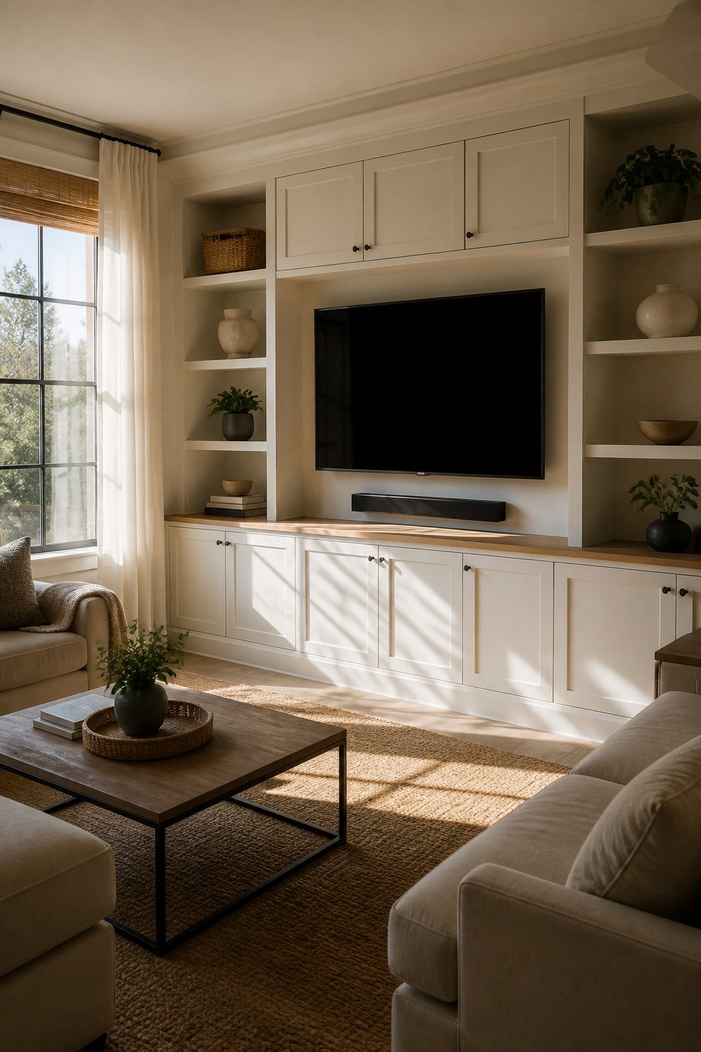 Living room with built-in cabinetry surrounding a television.
