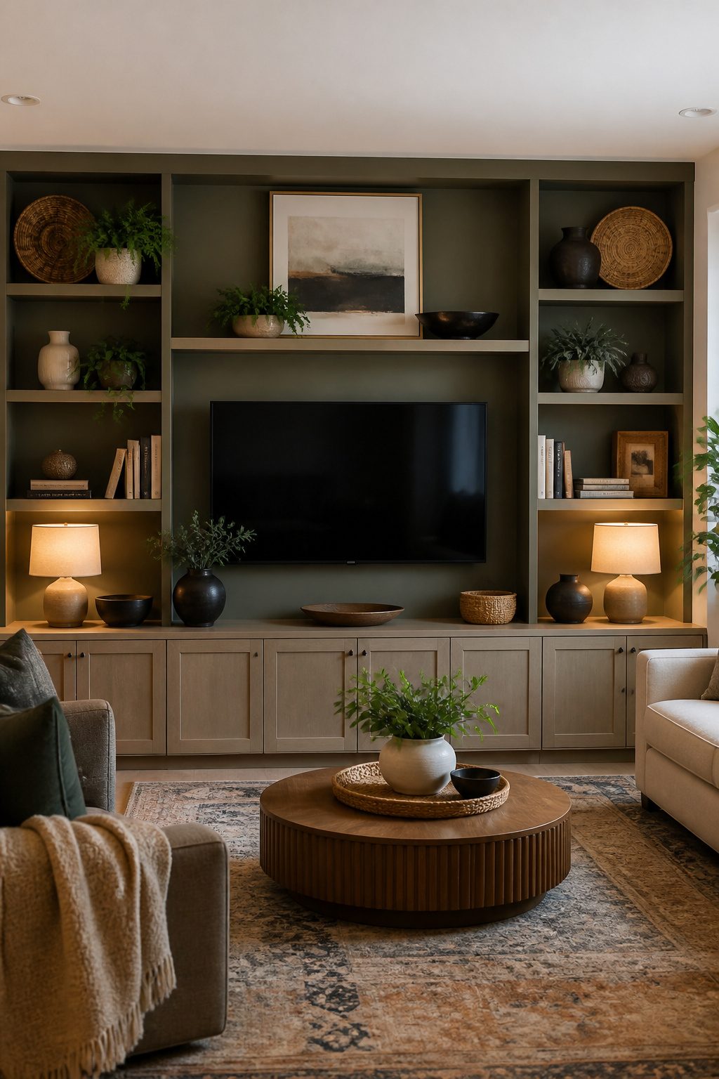 Styled wall arrangement featuring a TV among various decor.